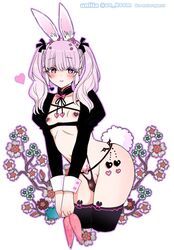  1boy animal_ears black_ribbon black_thighhighs blush bulge carrot detached_collar flower hair_ribbon highres leaning_forward nagano_rira original otoko_no_ko pink_eyes pink_hair puffy_sleeves rabbit_ears rabbit_tail ribbon simple_background tail thighhighs twintails white_background 