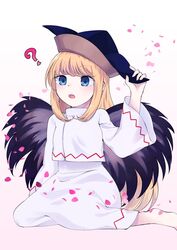  ? absurdres barefoot black_hat blonde_hair blue_eyes blush cosplay fairy fairy_wings female hat highres kaisenpurin lily_white long_hair matara_okina matara_okina_(cosplay) open_mouth petals shirt skirt solo touhou white_shirt white_skirt wings 