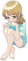  absurdres bare_legs barefoot blush crossed_ankles drill_hair earrings feet female green_shirt green_shorts hair_ornament hairpin highres idolmaster idolmaster_cinderella_girls index_fingers_together jewelry knees_up light_brown_hair looking_at_viewer morikubo_nono own_hands_together shirt shorts simple_background sitting solo stud_earrings sweatdrop tears white_background yukinuno 