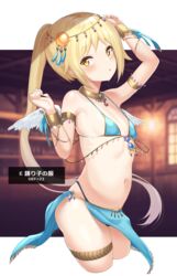  arm_up armband bare_shoulders bikini bikini_skirt blonde_hair blurry blurry_background blush bracelet breasts commentary_request dancer feathered_wings female gem high_ponytail highres indoors jewelry long_hair looking_at_viewer navel necklace nervous_sweating open_mouth small_breasts star_(symbol) starlight_i sweat swimsuit tassel thigh_strap translation_request unizou viprpg window wings yellow_eyes 