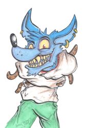  2020 activision alpha_channel anthro blue_body blue_fur bottomwear clothed clothing crash_(series) ear_piercing fangs front_view fur grin hair hi_res kangaroo krolik legwear looking_at_viewer macropod male mammal marsupial pants piercing portrait pose red_eyes restrained restraints ripper_roo sharp_teeth signature smile solo straitjacket teeth traditional_media_(artwork) yellow_sclera 