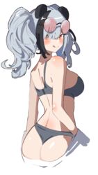  :q absurdres animal_ears arknights ass binware black_hair blush bra breasts cropped_legs eyewear_on_head feater_(arknights) female from_behind grey_bra grey_hair grey_panties hair_over_one_eye highres licking_lips looking_at_viewer looking_back multicolored_hair orange_eyes panda_ears panties red-tinted_eyewear round_eyewear simple_background solo streaked_hair sunglasses tinted_eyewear tongue tongue_out twintails two-tone_hair underwear underwear_only white_background 