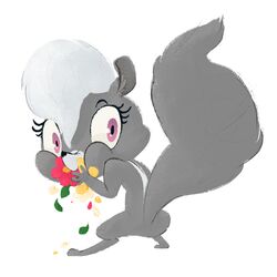  1:1 2013 eating eggpunk-blog eyebrows eyelashes female flower fluffy fluffy_tail fur grey_body grey_fur hair hasbro inner_ear_fluff leaf littlest_pet_shop littlest_pet_shop_(2012) looking_back mammal mephitid pepper_clark plant semi-anthro simple_background skunk solo standing tail tuft white_background white_hair 