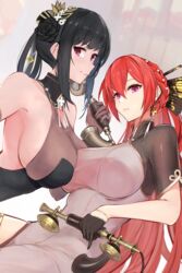  2girls armpits asymmetrical_docking azur_lane bare_shoulders black_dress black_flower black_gloves black_hair bodystocking braid breast_press breasts brown_gloves chen_hai_(azur_lane) chen_hai_(vestibule_of_wonders)_(azur_lane) china_dress chinese_clothes cleavage closed_mouth collarbone commentary cowboy_shot crown_braid dress earrings flower gloves gold_trim grey_dress hair_between_eyes hair_fan hair_ornament half_gloves highres holding holding_phone jewelry large_breasts long_hair looking_at_viewer marshall_k monarch_(azur_lane) monarch_(black_gerard)_(azur_lane) multiple_girls official_alternate_costume parted_lips phone profile purple_eyes red_hair romaji_commentary short_sleeves sideboob sidelocks simple_background sleeveless sleeveless_dress smile thighlet white_background 