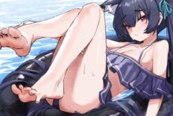  absurdres animal_ears barefoot bikini bikini_skirt black_bikini black_hair blue_archive blue_ribbon breasts cat_ears closed_mouth feet feet_up female foot_focus hair_between_eyes hair_ribbon highres knees_together_feet_apart knees_up legs long_hair looking_at_viewer lying mr.zhuo official_alternate_costume on_back red_eyes ribbon serika_(blue_archive) serika_(swimsuit)_(blue_archive) soles solo spread_toes swimsuit toenails toes very_long_hair water 