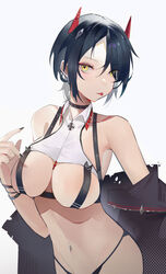  absurdres azur_lane bare_shoulders black_choker black_hair black_jacket black_panties breast_strap breasts choker commentary cross eyes_visible_through_hair female hair_over_one_eye highres horns iron_cross jacket looking_at_viewer mechanical_horns medium_breasts multicolored_hair navel_piercing panties piercing red_horns simple_background solo streaked_hair symbol-only_commentary tongue tongue_out two-tone_hair ulrich_von_hutten_(azur_lane) underwear white_background white_hair yellow_eyes yoyo_(550098) 