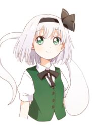  blush bow bowtie breasts buttons closed_mouth collared_shirt commentary female ghost green_eyes green_vest grey_bow grey_bowtie grey_hairband hair_between_eyes hairband hitodama konpaku_youmu konpaku_youmu_(ghost) looking_up namori_(style) puffy_short_sleeves puffy_sleeves sasaki_sakiko shirt short_hair short_sleeves simple_background small_breasts smile solo touhou upper_body vest white_background white_hair white_shirt 