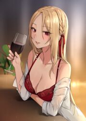  alcohol arm_under_breasts bad_id bad_pixiv_id bare_shoulders blonde_hair blurry blush bra braid breasts canape_(canape0130) collarbone cup depth_of_field dress_shirt drinking_glass elbow_rest elbows_on_table female fingernails hair_ribbon hair_strand hand_up highres holding holding_cup indoors korean_commentary light_smile lingerie lipgloss lips long_hair looking_at_viewer medium_breasts mole mole_under_eye off_shoulder open_clothes open_shirt original parted_bangs parted_lips plant red_bra red_eyes red_nails ribbon shirt sleeves_rolled_up solo table underwear wine wine_glass 