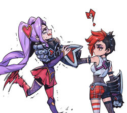  2girls ? ass asymmetrical_legwear bare_shoulders black_hair black_shorts black_thighhighs breasts broken_heart crop_top from_side gauntlets grey_shirt hair_ornament hairband heart heart_hair_ornament heartache_vi heartseeker_jinx jinx_(league_of_legends) kneehighs league_of_legends long_hair long_sleeves medium_breasts mismatched_legwear multiple_girls official_alternate_costume open_mouth parted_hair phantom_ix_row pink_hair red_eyes red_hair red_shorts red_skirt red_thighhighs shiny_skin shirt shorts siblings simple_background sisters skirt socks spiked_hairband spikes strangling thighhighs trembling very_long_hair vi_(league_of_legends) white_background white_thighhighs 