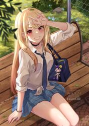  :d ardenlolo arm_up bag bag_charm barbell_piercing bench black_choker blonde_hair blue_necktie blue_skirt blush bracelet breasts charm_(object) choker collarbone collared_shirt commentary day ear_piercing english_commentary feet_out_of_frame female fingernails from_above grass grin gyaru jewelry kitagawa_marin leaf leaf_on_head long_fingernails long_hair long_sleeves looking_at_viewer looking_up medium_breasts miniskirt mixed-language_commentary nail_polish necktie nikaidou_shion outdoors park_bench parted_lips piercing pink_nails plaid plaid_skirt red_eyes ring school_bag school_uniform shirt sitting skirt smile solo sono_bisque_doll_wa_koi_wo_suru teeth tied_shirt v very_long_hair white_shirt 