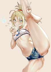  absurdres ahoge armpits ass_visible_through_thighs bandeau bare_shoulders blonde_hair blue_shorts breasts covered_nipples denim denim_shorts double_v fate/apocrypha fate/grand_order fate_(series) female green_eyes grin highres jewelry leg_lift leg_up long_hair looking_at_viewer mordred_(fate) mordred_(fate/apocrypha) mordred_(memories_at_trifas)_(fate) navel necklace parted_bangs ponytail red_scrunchie scrunchie short_shorts shorts sidelocks small_breasts smile solo split spread_legs stomach thighs tokopi v 