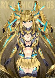  black_gloves blonde_hair blue_eyes breasts character_name cleavage dated female gloves gundam gundam_narrative highres humanization i.takashi large_breasts long_hair looking_at_viewer mecha_musume navel open_hands skirt smile solo straight-on twitter_username unicorn_gundam_phenex very_long_hair yellow_skirt 