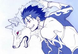  1boy 1other back blue_hair bobtomgom bracelet canine crescent crescent_necklace cu_chulainn_(fate) cu_chulainn_(fate/stay_night) cu_chulainn_(second_ascension)_(fate) detached_sleeves earrings fate/grand_order fate/stay_night fate_(series) from_side fur grin jewelry necklace official_alternate_costume red_eyes short_hair smile spiked_hair strap topless_male wolf 