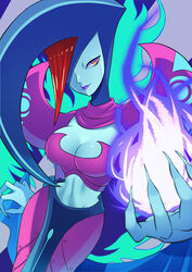  blue_skin breasts cleavage colored_skin female fire hair_over_one_eye highres kikopoko11 lipstick looking_at_viewer magic makeup medium_breasts navel purple_fire purple_lips red_eyes red_hair solo standing the_legend_of_zelda the_legend_of_zelda:_oracle_of_ages veran 