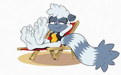  2023 5_toes anthro barefoot beach_chair clothing deepcreases feet female foot_focus fur grey_body grey_fur hi_res humanoid_feet idw_publishing lemur mammal markings one-piece_swimsuit plantigrade primate purple_eyes relaxing sega simple_background solo sonic_the_hedgehog_(comics) sonic_the_hedgehog_(idw) sonic_the_hedgehog_(series) strepsirrhine striped_markings striped_tail stripes swimwear tail tail_markings tangle_the_lemur toe_wiggle toes white_background 