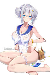  :3 azur_lane blue_eyes blue_sailor_collar blush bracelet breasts casual_one-piece_swimsuit cleavage closed_mouth collarbone covered_navel double_bun female grey_hair hair_between_eyes hair_bun hair_ornament hairclip highres jade_(a_lick_of_summer)_(azur_lane) jade_(azur_lane) jewelry large_breasts leg_tattoo looking_at_viewer medium_hair mole mole_under_eye official_alternate_costume one-piece_swimsuit quatraise sailor_collar simple_background sitting solo swimsuit tattoo thigh_strap thighs tumblr_username twitter_username white_background white_one-piece_swimsuit 