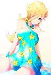  bare_shoulders blonde_hair blue_eyes blush breasts cleavage crown dress earrings female hair_over_one_eye highres indisk_irio jewelry long_hair looking_at_viewer mario_(series) mario_kart mario_kart_tour official_alternate_costume rosalina rosalina_(swimwear) simple_background solo star_(symbol) swimsuit 