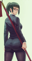  ass black-framed_eyewear black_pantyhose black_skirt black_suit blunt_bangs breasts brown_eyes female formal from_behind glasses green_hair highres holding holding_polearm holding_weapon jujutsu_kaisen jujutsu_tech_uniform large_breasts lips looking_back pantyhose pencil_skirt polearm school_uniform semi-rimless_eyewear short_ponytail skirt skirt_suit solo suit tassel turning_head under-rim_eyewear weapon weapon_behind_back zefrableu zen&#039;in_maki 