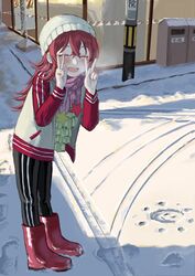  1_kozin :d absurdres black_pants blush closed_eyes coat day double_v female footprints full_body highres idolmaster idolmaster_shiny_colors komiya_kaho long_hair outdoors pale_skin pants pink_scarf red_footwear red_hair scarf scenery shade smile snow solo star_(symbol) trash_can v white_headwear 