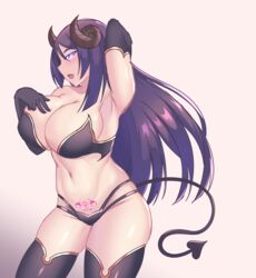  absurdres breasts cleavage demon_girl demon_horns demon_tail fate/grand_order fate_(series) female hand_on_own_chest heart heart-shaped_pupils highres horns jifuwabe large_breasts long_hair minamoto_no_raikou_(fate) purple_eyes purple_hair solo standing symbol-shaped_pupils tail very_long_hair 