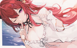  ;) arknights bare_shoulders black_ribbon breasts cherry cleavage closed_mouth dutch_angle fanshu female food fruit hair_ornament highres index_finger_raised large_breasts long_hair looking_at_viewer mouth_hold navel neck_ribbon one_eye_closed purple_eyes red_hair ribbon smile star_(symbol) star_hair_ornament strap_lift surtr_(arknights) surtr_(colorful_wonderland)_(arknights) upper_body very_long_hair water 