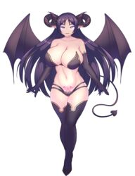  absurdres alternate_costume bikini black_bikini black_gloves black_wings breasts commentary demon_girl demon_horns demon_tail demon_wings elbow_gloves english_commentary fate/grand_order fate_(series) female full_body gloves glowing glowing_eyes heart heart-shaped_pupils highres horns jifuwabe large_breasts long_hair looking_at_viewer minamoto_no_raikou_(fate) navel pointy_ears pubic_tattoo purple_hair simple_background smirk solo strapless strapless_bikini swimsuit symbol-shaped_pupils tail tattoo thighhighs white_background wings 