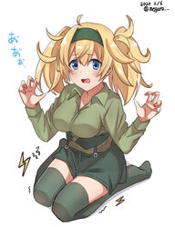  blonde_hair blue_eyes breasts commentary_request dated female full_body gambier_bay_(kancolle) green_hairband green_shirt green_shorts green_thighhighs hairband highres kantai_collection large_breasts long_hair long_sleeves looking_at_viewer meguru_(megurunn) one-hour_drawing_challenge shirt shorts simple_background sitting solo thighhighs trembling twintails twitter_username wariza white_background 