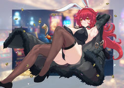  absurdres animal_ears armpits bare_shoulders black_coat black_leotard blush breasts brown_thighhighs choker cleavage coat diluc_(genshin_impact) female genderswap_(mtf) genshin_impact grin hair_between_eyes high_heels highleg highleg_leotard highres large_breasts leotard long_hair long_sleeves low_ponytail off_shoulder open_clothes open_coat playboy_bunny poker_chip rabbit_ears red_eyes red_hair rule_63 smile solo thighhighs torahime_(roland00) vision_(genshin_impact) 