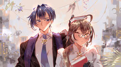  2boys ahoge aqua_necktie bare_shoulders blue_eyes blue_hair brown_eyes brown_hair decorations earrings ellie_niunai_zhuyi_zhe formal genderswap_(ftm) glasses gloves highres hololive hololive_english jewelry male_focus multiple_boys nanashi_muman nanashi_mumei necktie one_eye_closed ouro_kronii ouro_krono rule_63 short_hair suit upper_body virtual_youtuber wing_collar 