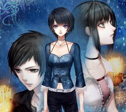  1boy 2girls asou_yuu black_hair blue_eyes breasts brown_eyes choker collarbone earrings fatal_frame fatal_frame_3 hinasaki_miku jewelry kurosawa_rei looking_at_viewer medium_breasts multiple_girls navel necklace parted_lips short_hair yusa_tk74 