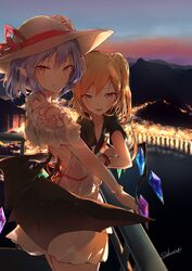  2girls :d alternate_costume artist_name black_shirt blonde_hair blue_hair blush brazil casual commentary_request contemporary cowboy_shot crystal dress dusk flandre_scarlet hat hat_ribbon highres lens_flare looking_at_viewer mountain mountainous_horizon multiple_girls no_headwear one_side_up open_mouth outdoors pink_eyes pink_ribbon pointy_ears railing remilia_scarlet ribbon rio_de_janeiro sakusyo shirt short_dress short_hair siblings signature sisters smile standing touhou white_dress wings 