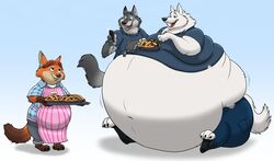  2016 anthro apron belly big_belly bottomwear canid canine canis cellphone clothed clothing dessert disney electronics eye_contact fangs food fox fur gary_(zootopia) gideon_grey group hectorthewolf holding_fork holding_object holding_tray huge_belly hyper hyper_belly larry_(zootopia) looking_at_another male mammal morbidly_obese morbidly_obese_anthro morbidly_obese_male navel obese obese_anthro obese_male open_mouth overweight overweight_anthro overweight_male pants pastry phone pie red_body red_fox red_fur shirt sitting standing tearing_clothing teeth tongue topwear torn_clothing true_fox white_body white_fur wolf zootopia 