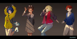  4girls absurdres aonuma_neiru arm_behind_back arms_up artist_name awmin bag black_hair blonde_hair blue_hair bow braid choker denim denim_shorts dress floral_print gradient_background grey_background grey_dress handbag highres hood hoodie jacket jeans jumping kawai_rika letterboxed long_sleeves multiple_girls ooto_ai pants pose print_hoodie red_hair sawaki_momoe school_uniform shoes short_hair shorts sneakers socks sunflower_print v white_bow wonder_egg_priority yellow_hoodie 