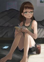  1_kozin :o absurdres barefoot bed black_shorts blunt_bangs book brown_hair cellphone cup drink female glasses green_eyes highres indoors knees_up long_hair looking_to_the_side original phone shirt shorts sleeveless sleeveless_shirt solo 