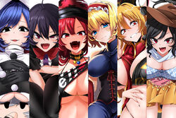  6+girls abs ahoge alice_margatroid arm_under_breasts bare_shoulders between_breasts bikini black_bikini black_corset black_dress black_eyes black_gloves black_hair black_legwear black_shirt blonde_hair blue_dress blue_eyes blue_hair blue_shirt blunt_bangs blush bow bowtie breast_rest breasts brown_headwear buttons center_frills chibi choker cleavage clenched_teeth closed_mouth clothes_lift column_lineup commentary_request corset cowboy_hat cowboy_shot doremy_sweet dress eyes_visible_through_hair fangs frilled_dress frilled_hairband frills gloves hair_between_eyes hairband hand_to_own_mouth hat head_tilt hecatia_lapislazuli horse_girl houjuu_nue impossible_clothes impossible_dress junko_(touhou) kishin_sagume kurokoma_saki large_breasts leaning_forward lifting_own_clothes lolita_hairband long_hair looking_at_viewer looking_up medium_breasts medium_hair multiple_girls nightcap oerba_yun_fang off-shoulder_shirt off_shoulder open_mouth orange_skirt plaid plaid_shirt pom_pom_(clothes) ponytail red_bow red_bowtie red_eyes red_hair red_headwear red_nails red_ribbon reisen_udongein_inaba ribbon rihito_(usazukin) shirt shirt_lift short_dress short_hair short_sleeves simple_background skirt smug standing stomach sweatdrop swimsuit t-shirt tabard teeth thighhighs tongue touhou turtleneck underboob upper_body white_background white_hair white_shirt 