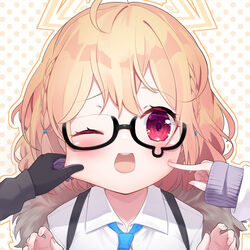  absurdres blonde_hair blue_archive blush calciumin cheek_pinching cheek_poking commentary female glasses halo highres jacket kotori_(blue_archive) looking_at_viewer necktie open_mouth pinching poking polka_dot polka_dot_background portrait red_eyes short_hair solo_focus teardrop-framed_glasses 