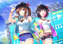  2girls ;) akanebi alternate_costume azki_(hololive) bare_shoulders black_headwear blue_eyes blue_jacket bracelet breasts brown_hair chewing_gum collarbone cowboy_shot day grin highres hololive jacket jewelry long_hair md5_mismatch medium_breasts midriff multiple_girls nail_polish necklace one_eye_closed open_clothes open_jacket open_mouth outdoors ponytail purple_eyes purple_jacket revision shirt short_hair short_shorts shorts sidelocks smile teeth tied_shirt tokino_sora virtual_youtuber white_shirt yellow_jacket 