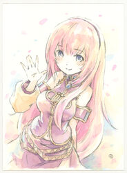  arm_behind_back armband bare_shoulders belt blue_eyes commentary cowboy_shot detached_sleeves epoxy_putty falling_petals female gold_trim hairband hand_up light_blush long_hair long_skirt looking_at_viewer megurine_luka painting_(medium) petals pink_hair pink_shirt pink_skirt shirt side_slit signature single_detached_sleeve skirt sleeveless sleeveless_shirt smile solo traditional_media very_long_hair vocaloid watercolor_(medium) waving 