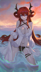  absurdres arknights bare_shoulders black_panties breasts cleavage cola-alter criss-cross_halter demon_horns detached_sleeves female hair_intakes hair_rings halterneck highres horns large_breasts long_hair long_sleeves looking_at_viewer navel official_alternate_costume orange_sky panties purple_hair red_hair shirt sitting sky solo stomach sunset surtr_(arknights) surtr_(colorful_wonderland)_(arknights) thigh_strap underwear very_long_hair water white_shirt 