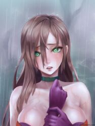  :o artist_name bad_deviantart_id bad_id bare_shoulders bare_tree blush breasts brown_hair choker cleavage collarbone female flame_master_nyx gloves green_eyes hair_between_eyes hand_on_own_chest highres large_breasts long_hair looking_at_viewer nyx_(queen&#039;s_blade) outdoors plant purple_gloves queen&#039;s_blade rain round_teeth solo tasselcat teeth tree upper_body very_long_hair water watermark web_address wet 