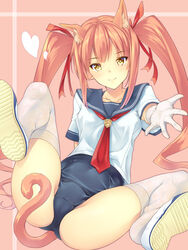  animal_ears blush brown_hair cameltoe cat_ears commentary_request female gloves hair_ribbon kanata_(kanata_onion) long_hair one-piece_swimsuit original outstretched_hand paw_print photoshop_(medium) pink_hair ribbon school_swimsuit school_uniform serafuku shiny_clothes shoes skindentation smile socks solo spread_legs swimsuit swimsuit_under_clothes tail thighhighs twintails yellow_eyes 