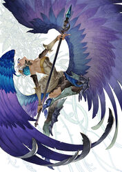  armor armored_boots armored_dress ass bad_id bad_pixiv_id bare_shoulders belt black_thighhighs blue_flower blue_wings boots breasts closed_eyes crown deba detached_sleeves dress feather_hair_ornament feathered_wings feathers female floral_background flower full_body greaves gwendolyn_(odin_sphere) hair_flower hair_ornament head_wings holding holding_weapon knee_up large_wings leaning_back leg_wings low_wings multicolored_wings multiple_wings odin_sphere outstretched_arm parted_lips petals photoshop_(medium) polearm profile purple_wings shin_guards sideboob solo spear spread_wings strapless strapless_dress thighhighs tiara weapon white_background white_hair wings 