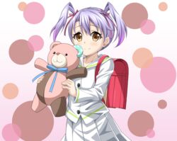  :3 albrecht backpack bag blue_ribbon blush brown_eyes buttons closed_mouth collarbone commentary_request cowboy_shot female gradient_background hair_ribbon holding jacket kumamakura_kurumi kyuutou_(kyuutouryuu) long_sleeves looking_at_viewer musaigen_no_phantom_world pleated_skirt purple_hair randoseru red_ribbon ribbon sailor_collar school_bag short_hair short_twintails simple_background skirt smile solo stuffed_animal stuffed_toy tareme teddy_bear twintails upper_body white_jacket white_skirt 