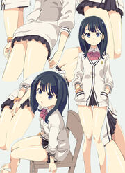  arms_at_sides ass bare_legs barefoot black_hair black_skirt blue_eyes bow bowtie breasts cardigan chair collared_shirt commentary cropped_legs female grey_background gridman_universe hands_in_pockets homing_(areya) long_hair long_sleeves miniskirt multiple_views on_chair pleated_skirt red_bow red_bowtie school_uniform scrunchie shirt simple_background sitting skirt ssss.gridman takarada_rikka thighs white_cardigan white_shirt wrist_scrunchie 