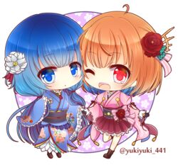  2girls :o ;d ahoge black_gloves blue_eyes blue_hair blue_kimono blush boots bow breasts brown_footwear chibi commentary_request flower frilled_skirt frilled_sleeves frills gloves hair_between_eyes hair_flower hair_ornament japanese_clothes kimono long_sleeves looking_at_viewer medium_breasts multicolored_hair multiple_girls obi one_eye_closed open_mouth orange_hair parted_lips pink_bow pink_kimono pink_ribbon pleated_skirt purple_skirt red_eyes red_flower ribbon sash setsuna_(shironeko_project) shironeko_project short_kimono skirt smile standing standing_on_one_leg striped striped_bow striped_ribbon teeth towa_(shironeko_project) twitter_username two-tone_hair upper_teeth_only white_flower wide_sleeves yukiyuki_441 