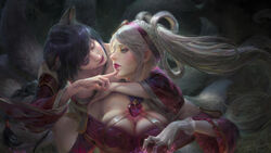  2girls ahri_(league_of_legends) animal_ears artstation_sample commentary finger_to_face fox_ears fox_tail gloves highres image_sample league_of_legends multiple_girls photoshop_(medium) sona_(league_of_legends) sweetheart_sona tail yu-han_chen 