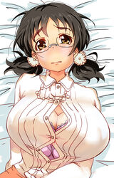  asano_fuka bed black_hair bra breasts brown_eyes button_gap cleavage commentary_request female glasses gorohati highres idolmaster idolmaster_cinderella_girls jewelry large_breasts looking_at_viewer lying necklace on_back pink_bra short_hair solo twintails underwear 