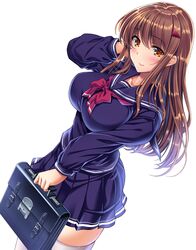  blush breast_press breasts brown_hair character_request curvy female female huge_breasts lilith-soft long_hair looking_at_viewer saijou_satoru school_uniform shiny shiny_hair shiny_skin simple_background skirt smile solo standing taimanin_asagi_battle_arena white_background 