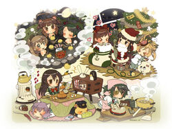  6+girls abukuma_(kancolle) admiral_(kancolle) antennae black_hair blonde_hair broom brown_hair chikuma_(kancolle) christmas_tree commentary_request crt eyepatch failure_penguin grey_eyes head_scarf heater japanese_macaque kagami_mochi kantai_collection kazami_miki kerosene_heater kettle kiso_(kancolle) kitakami_(kancolle) kotatsu kuma_(kancolle) kumano_(kancolle) long_hair mikuma_(kancolle) miss_cloud monkey multiple_girls naka_(kancolle) ooi_(kancolle) photoshop_(medium) pot rabbit_ears_antenna rolling_pin short_hair socks table tama_(kancolle) television torpedo translated twintails 