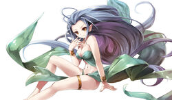  &gt;:) bare_arms bare_legs bare_shoulders barefoot blush bracer breasts collarbone commentary female floating_hair granblue_fantasy hand_on_own_face large_breasts light_purple_hair long_hair miyase_mahiro navel orange_eyes photoshop_(medium) pointy_ears simple_background sitting smile solo strapless thigh_strap tiamat_(granblue_fantasy) v-shaped_eyebrows very_long_hair white_background 